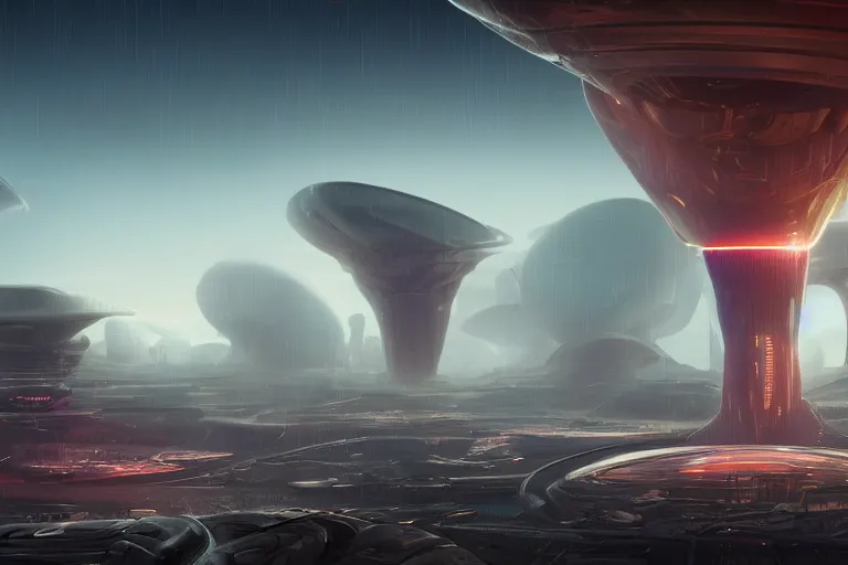 Prompt: a futuristic image of an alien desert with a gigantic complex mushroom shaped spaceport with spaceship, fine detail, by James clyne and Andrée Wallin, foggy, cyberpunk city in the distance, iridescent, artstation, CG society, Ariel view, concept art, extra wide angle, morning light