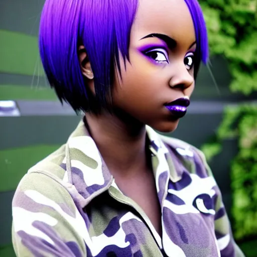 Prompt: black anime manga girl, wearing camo, white french bob, purple colored eyes