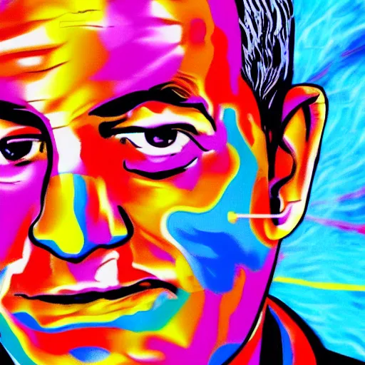 Image similar to portrait of benjamin netanyahu hallucinating on acid, psychedelic colors, sharp focus