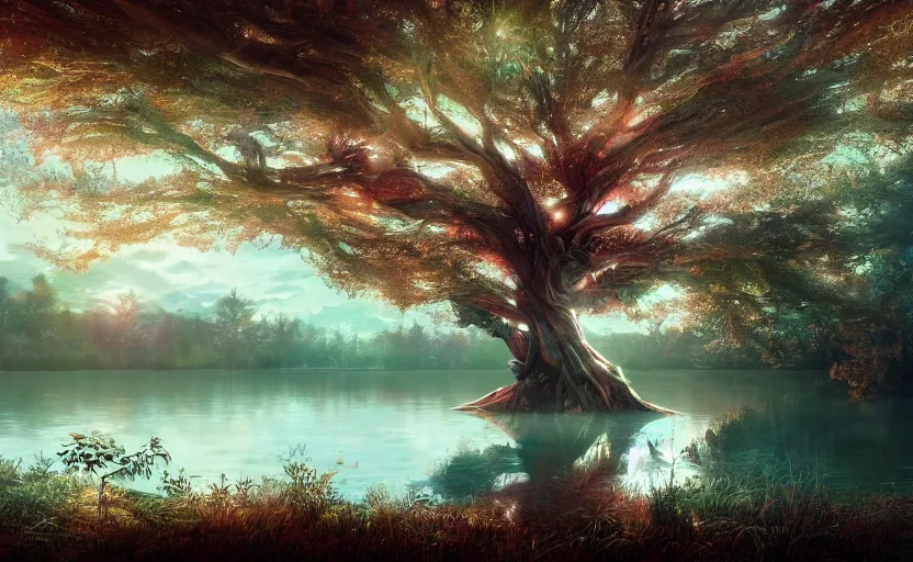 Prompt: twisted root magical tree in the middle of a lake, anime inspired, hyper realistic, dramatic lighting, glowing leaves, 8k hdr pixiv dslr photo by Makoto Shinkai ilya kuvshinov and Wojtek Fus, digital art, concept art,