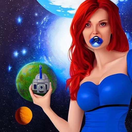 Image similar to space redhead in a tight blue dress with a planet in the background holding a laser gun up, realistic mouth, realistic, high definition, detailed and symetric face, detailed and realistic hands, expressive eyes, 4 k, shimmering color, epic digital art