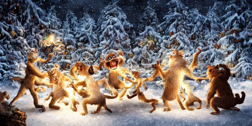 Image similar to Intricate detailed illustration, white-furred humanoid creatures fighting monkeys in front of a christmas tree, cinematic lighting, by Philip Hood, wide angle, volumetric light scattering, 8k, artstation, concept art,