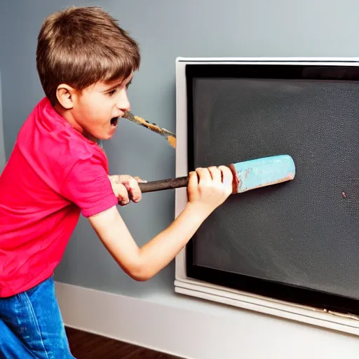 Prompt: kid smashing a tv with a hammer