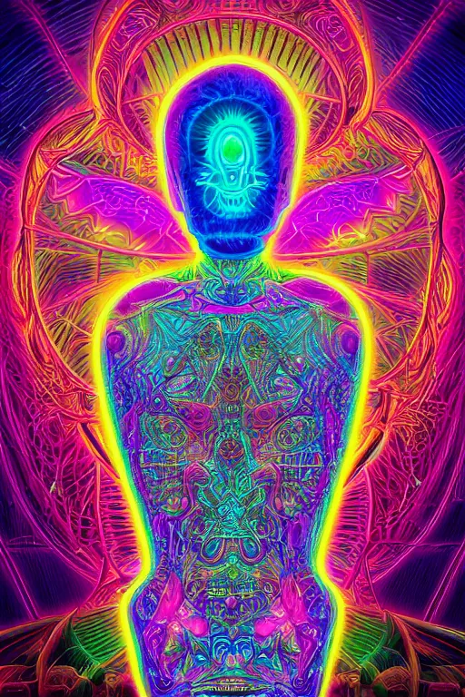 Image similar to a detailed digital neon illustration of the burningman effigy in the style of Alex Grey, lisa frank, beeple, dan mumford. maya render, trending on artstation, greg rutkowski very coherent symmetrical artwork, psychedelic, fantasy, 8k, 3d render, intricate, symmetry, cinematic, hyper realism, high detail, 8k, iridescent accents