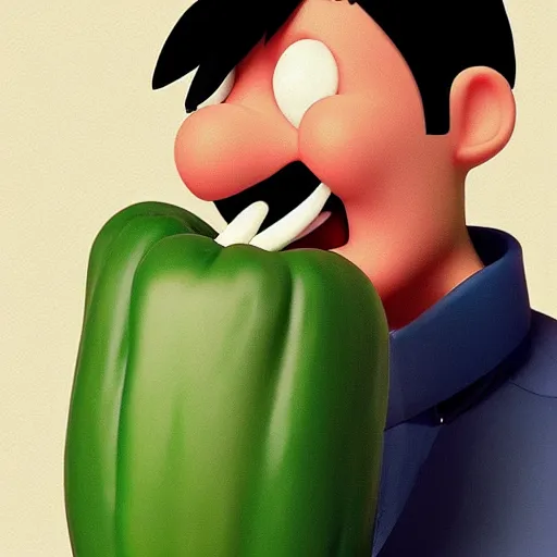 Image similar to a cartoon character with a green pepper in his mouth, a character portrait by weiwei, cgsociety, sots art, official art, art, character,