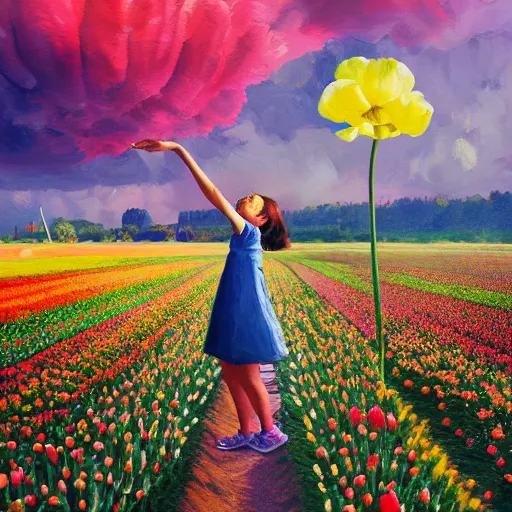 Image similar to girl with one single giant tulip as a head, surreal photography, flower field, sunset dramatic light, impressionist painting, colorful clouds, blue sky, digital painting, artstation, simon stalenhag