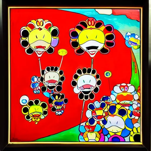 Prompt: Three bright red demons flying up from a desert canyon in the style of Takashi Murakami, highly detailed
