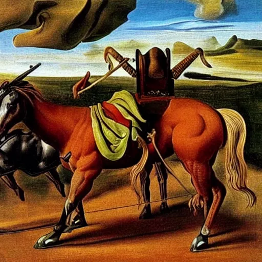 Prompt: A humanoid horse riding a wagon pulled by a human, renaissance oil painting by Salvador Dali