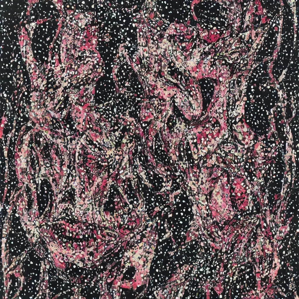 Image similar to camo made of teeth, smiling, abstract, francis bacon artwork, cryptic, dots, spots, stipple, lines, splotch, color tearing, pitch bending, faceless people, dark, ominious, eerie, hearts, minimal, points, technical, old painting, neon colors