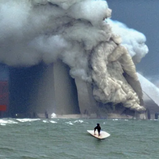 Image similar to george w bush surfing on the pyroclastic cloud of the collapsing world trade center debris as if it were a wave on 9 / 1 1 / 0 1