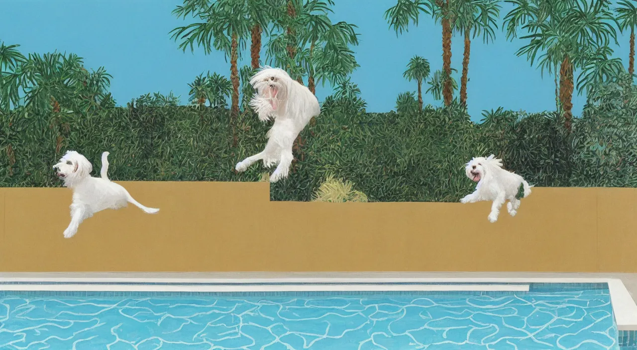 Prompt: medium shot of one cream colored havanese dog jumping off a diving board into a pool at a mid century modern house in palm springs by david hockney