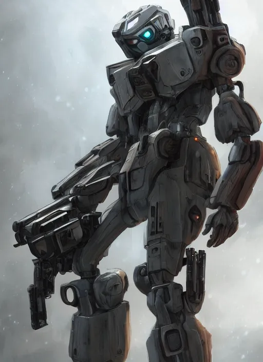 Prompt: full body shot of a mech soldier holstering his rifle, Art Station, cinematic, 8k, Pinterest, cgsociety, hyper detailed, ultra realistic, epic, high resolution, post processing, high quality, sci fi, robot, sharp, 4k UHD, realistic, intricate, menacing, masterpiece, Deviant Art, Trending on Artstation, Unreal Engine 4k, metallic, ray tracing, art by Yi Yang artstation + StTheo + Alan Van Ryzin,