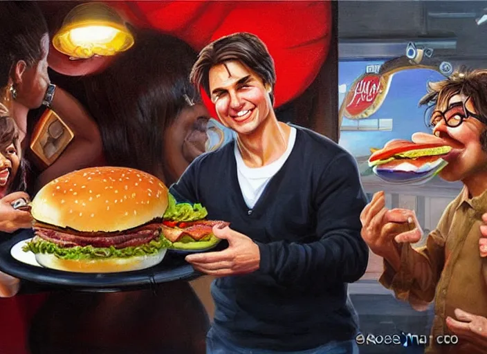 Prompt: portrait of oprah winfrey feeding tom cruise giant hamburgers, extra bacon lettuce and tomatoes, an oil painting by ross tran and thomas kincade