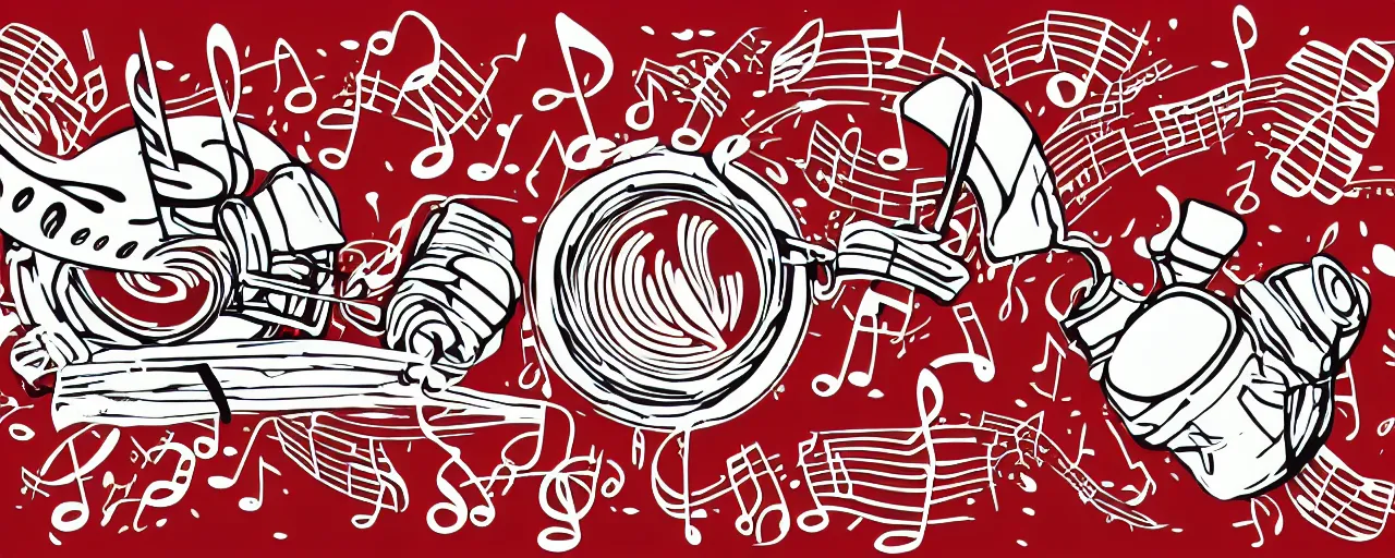 Image similar to coffee and music, line art, vector, logo, simple, red and white,