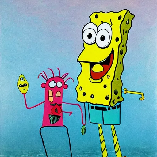 Image similar to surrealist painting of spongebob and patrick, in the style of salvador dali