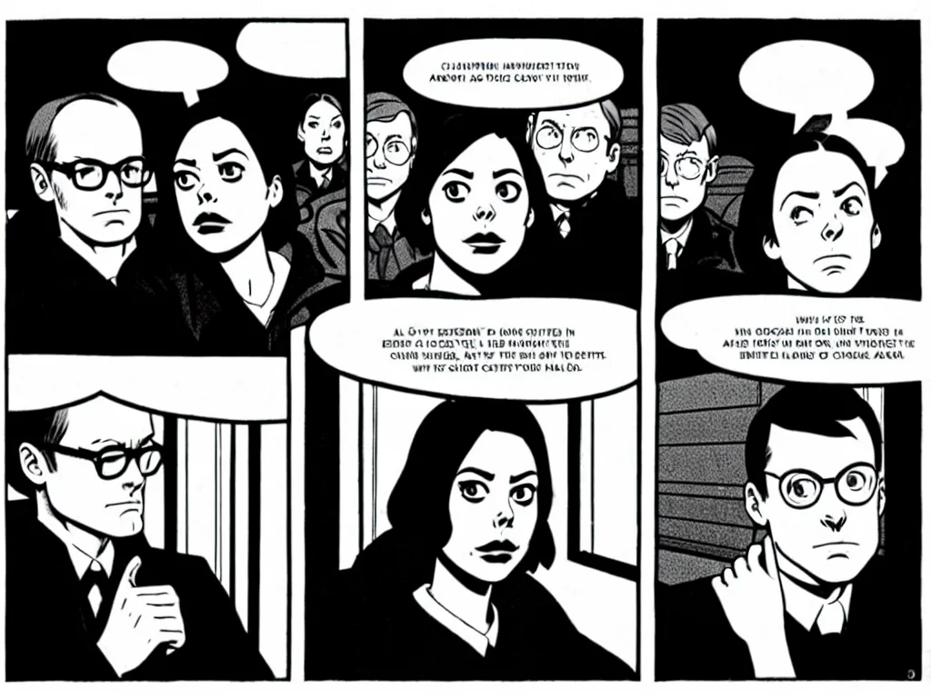 Prompt: a single comic panel by Daniel Clowes, 3/4 low angle view wide shot of two people sitting in an empty Chicago subway train, in front of windows: a sad Aubrey Plaza in a parka and a friendly Mads Mikkelsen in a suit