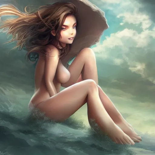 Prompt: a giant macro very beautiful young c. c. sitting on a micro house, full body, long wavy hair, sky blue eyes, full round face, bikini, miniskirt,, cinematic wallpaper by stanley artgerm lau