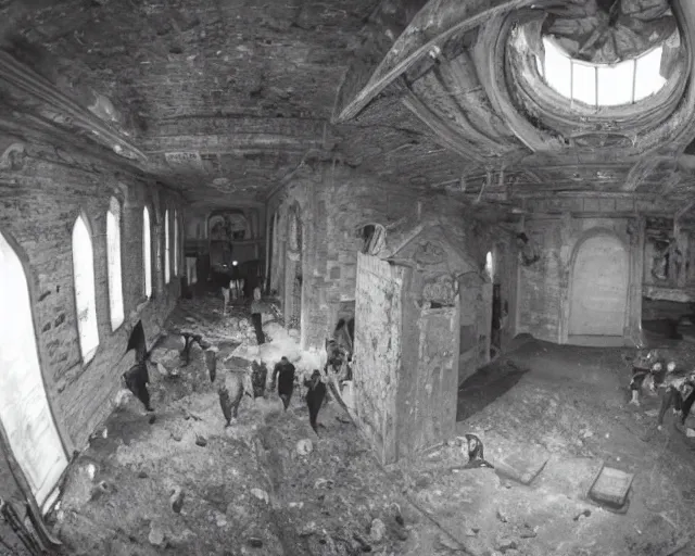 Prompt: camera footage of a group of survivors huddled in an abandoned church fighting zombies, high exposure, dark, monochrome, camera, grainy, CCTV, security camera footage, timestamp, zoomed in, fish-eye lense, spiders, spider, spider, spider,