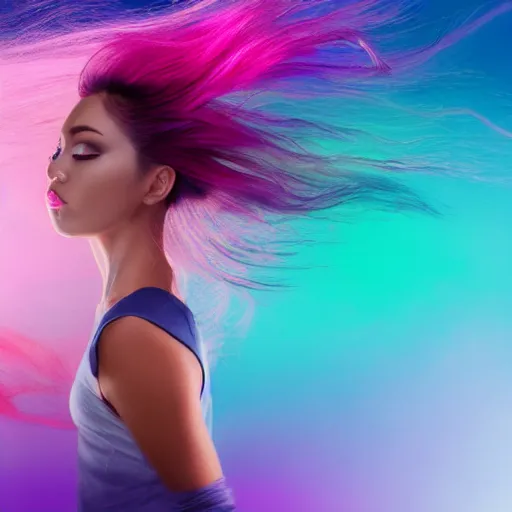 Image similar to a award winning half body shot of a beautiful woman in a croptop with a ombre purple pink teal hairstyle with head in motion and hair flying, outrun, vaporware, vivid colors, highly detailed, fine detail, intricate