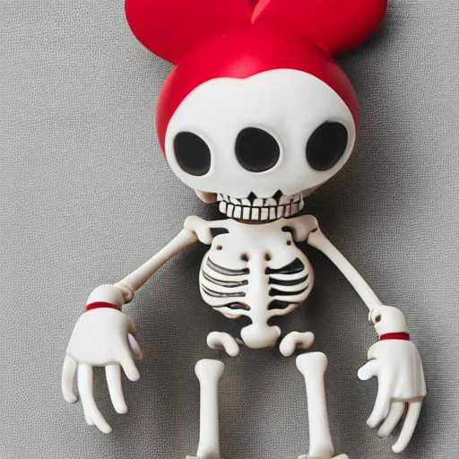 Image similar to A smiling off-white colored cheburashka skeleton porcelain figurine with a broken red heart hidden under the bones, 4k, shiny, high definition, detailed product shot, kaws