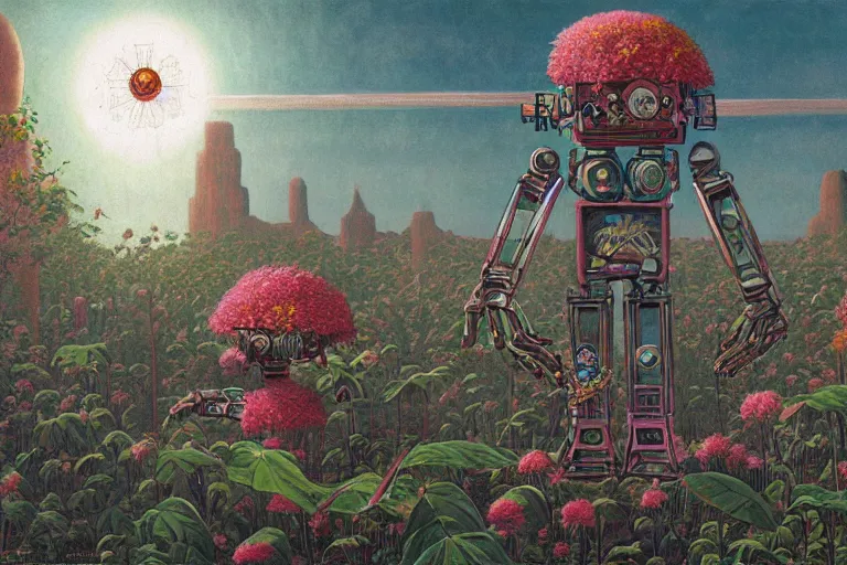 Image similar to evangelionic illustration, gigantic pleasure man head, a lot of exotic vegetation, trees, tremendous pleasure robot, flowers, oldschool vintage sci - fi flat surreal design, super - detailed, oil painting by moebius, hd, 4 k, high quality