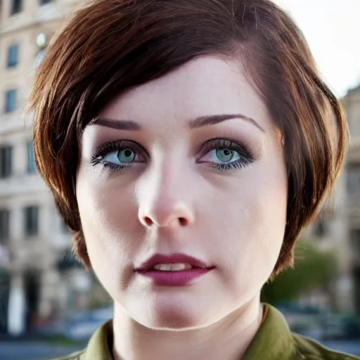 Image similar to brunette woman, short hair, flipped out hair ends, bright green eyes, military uniform, smirk