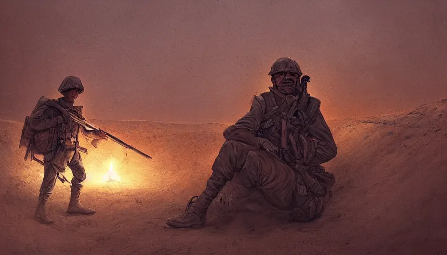 Image similar to beautiful digital painting of a soldier in a trench waiting for the war to end, in the sahara desert. cinematic lighting, atmospheric emotions by greg rutkowski,