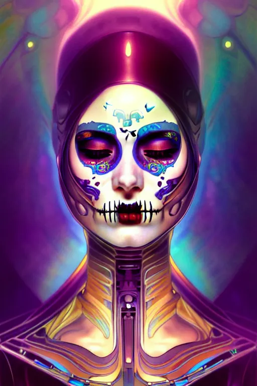 Image similar to ultra detailed, portrait of a female android, eyes closed, sci - fi, triadic color scheme, moody, calm, ( dia de los muertos ), asymmetrical, intricate concept art, art by artgerm and godmachine and michael welan andalphonse mucha and loish and wlop