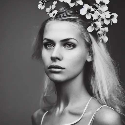 Image similar to vintage photograph of an olive skinned blonde female model in her twenties, her hair pinned up with flowers, wearing a designer top, looking content, focused on her neck, photo realistic, extreme detail skin, natural beauty, no filter, slr, golden hour, 8 k, high definition, selfie