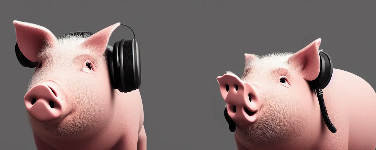 Prompt: pig with headphones. Wallpaper. Ultra HD, V-ray, Octane Render, 8k, Sharp, Detailed, Maximalism. Stunning