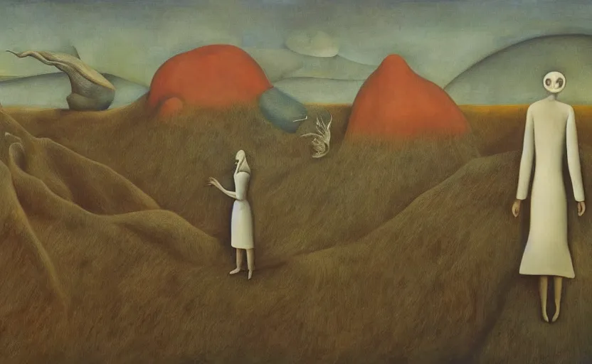 Prompt: otherworldly surreal dream-like landscape by Leonora Carrington, Gertrude Abercrombie, Dorothea Tanning, Helen Lundeberg, Kay Sage, Valentine Hugo, Toyen, Ithell Colquhoun