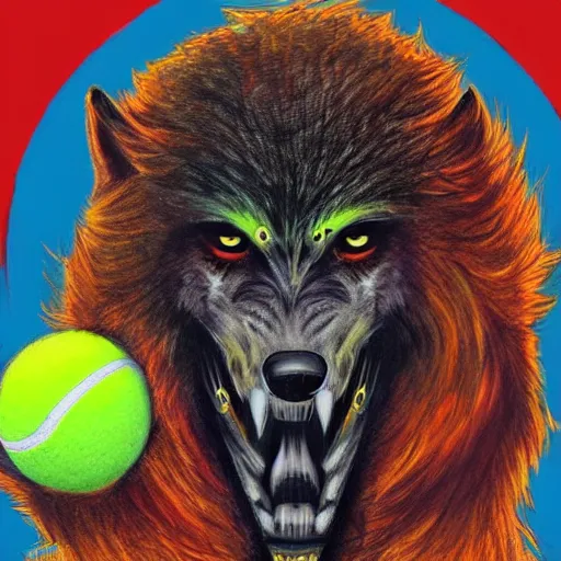 Prompt: a tennis ball monster, wolf, werewolf, star wolf, digital art, fantasy, magic, chalk, trending on artstation, ultra detailed, professional illustration by basil gogos