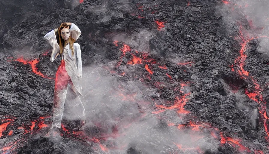 Image similar to A designer fashion Catwalk on a active volcano with lava, Fashion Photography, Octane, Redshift, High Detail