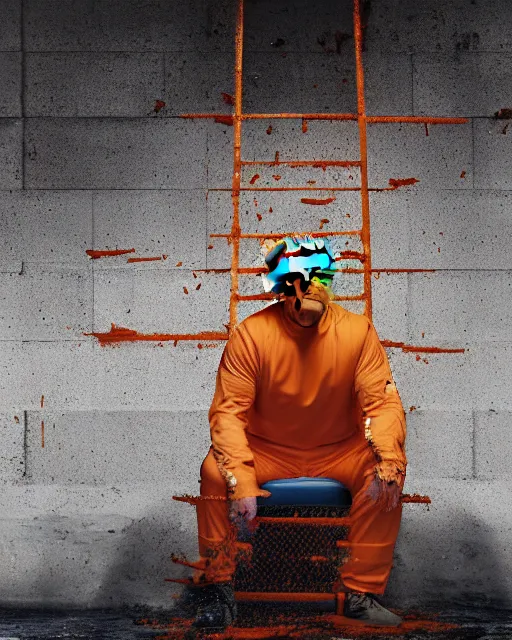 Image similar to a head and shoulders portrait of Donald trump behind bars, wearing a orange jumpsuit, sitting on a toilet holding a bible in a filthy rat infested concrete jail In a maximum security prison, dimly lit, volumetric lighting, arney freytag, craig mullins and Annie Leibowitz, octane, 8k,