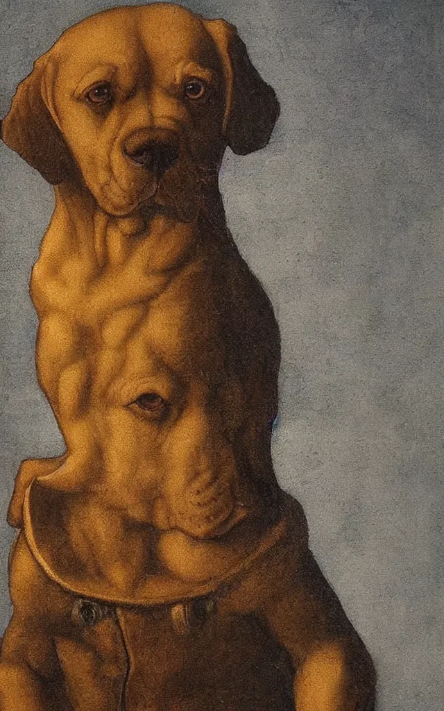 Prompt: a painting by Leonardo De Vinci of a dog wearing a suit, dramatic lighting