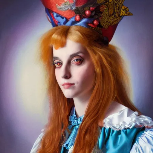 Image similar to A portrait of Alice from Wonderland, oil painting, majestic, detailed, high resolution, high detail, sharp