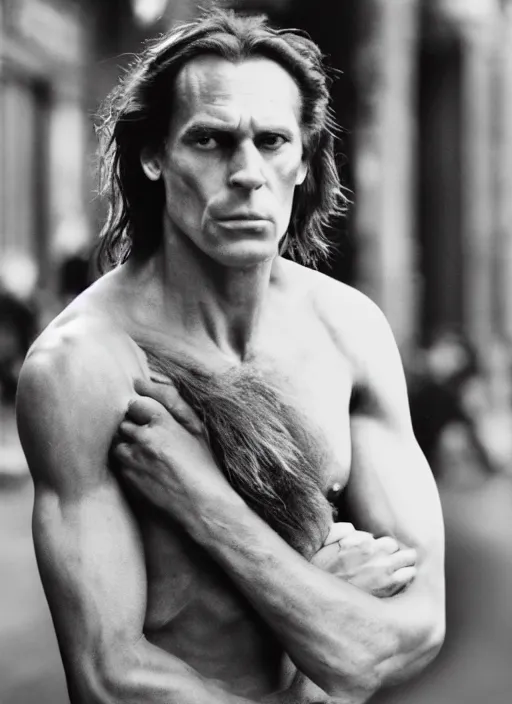 Image similar to film still, portrait of tarzan walk on the street of new york, by charlotte grimm, natural light, detailed face, beautiful features, symmetrical, 8 k, medium - format print, half body shot