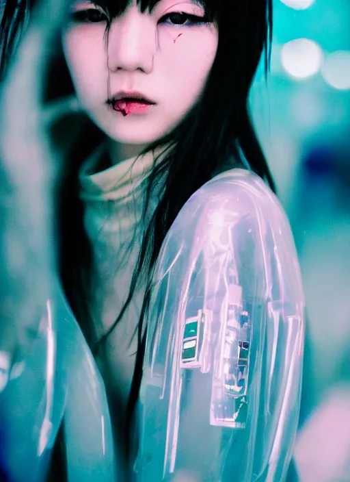 Image similar to a close-up risograph long shot of cyberpunk japanese glossy model girl with black eyes and pretty face wearing lots of transparent cellophane clothes and accessories, blue hour, twilight, cool, portrait, Kodachrome, ISO1200,