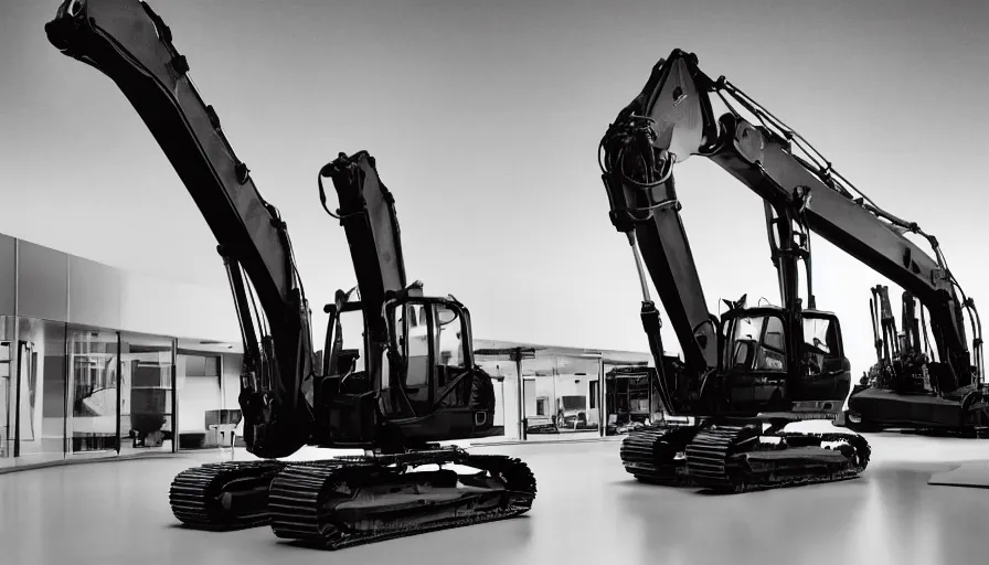 Prompt: extremely beautiful softly lit interior photo of futuristic construction equipment, excavator, backhoe, black, polished metal, gleaming, black and white corporate decals, polished concrete floor, sharp focus, clear focus, beautiful, award winning photo, extremely beautiful lighting, cinematic, modern, render, architectural, architecture, realistic, clear