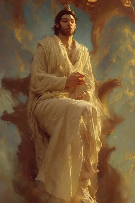 Image similar to full body portrait of a beautiful ethereal delicate mage king meditative pose, highly detailed painting by gaston bussiere, craig mullins, j. c. leyendecker, 8 k, mid shot