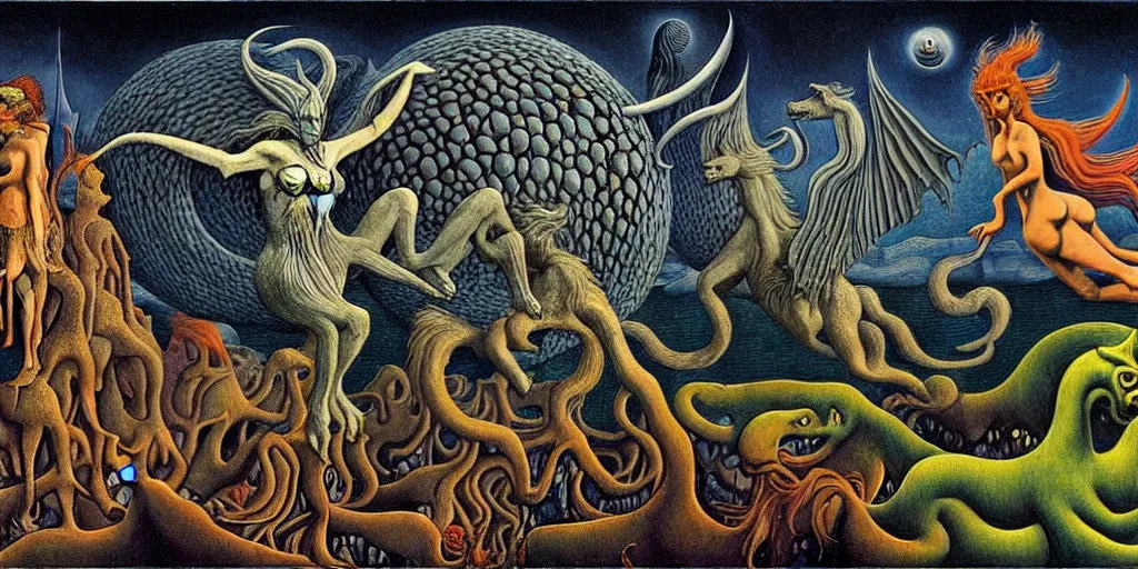 Image similar to mythical creatures and monsters in the imaginal realm of the collective unconscious, in a dark surreal painting by johfra, mc escher and ronny khalil