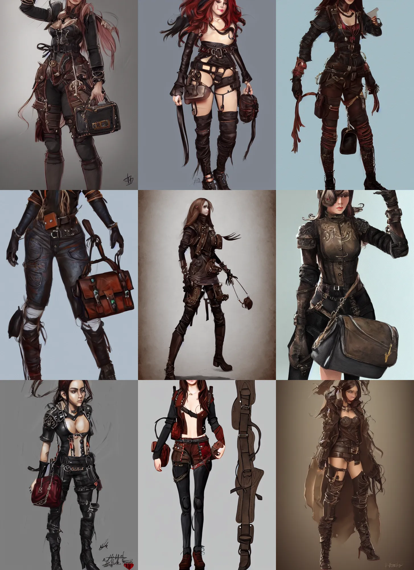 Prompt: character concept art front view of a young woman wearing a leather outfit with straps and padding and satchels and bags and holsters and decorations, haute couture, elaborate, intricate, artstation