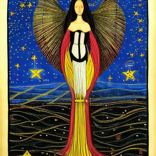 Image similar to melancholic medieval by paul laffoley, by jerry siegel. a computer art of a woman with wings made of stars, surrounded by a blue & white night sky. the woman is holding a staff in one hand, & a star in the other. she is wearing a billowing dress, & her hair is blowing in the wind.