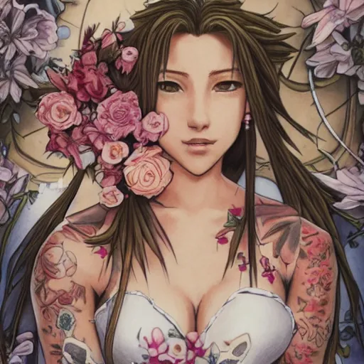 Image similar to high quality art of aerith gainsborough with tattoos, in front of flowers in church, trending on artstation