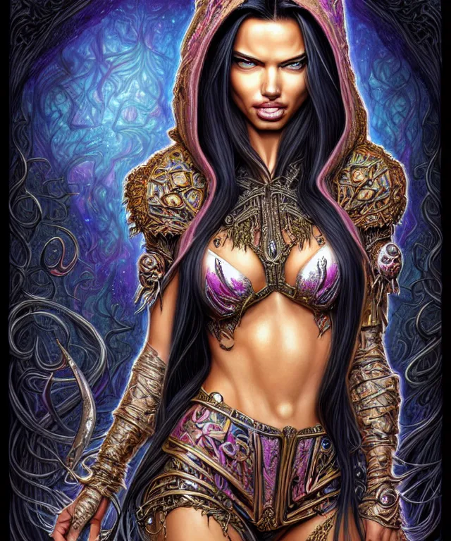 Prompt: Portrait of Adriana Lima , D&D, fantasy, intricate, richly detailed colored pencil 3D illustration of a beautiful with long metallic hair wearing a hoodie and short shorts that is evil and happy. mirrored background with completely rendered reflections, art by Range Murata and Artgerm highly detailed, digital painting, trending on artstation, sharp focus, illustration, style of Stanley Artgerm, perfect smile and tooth