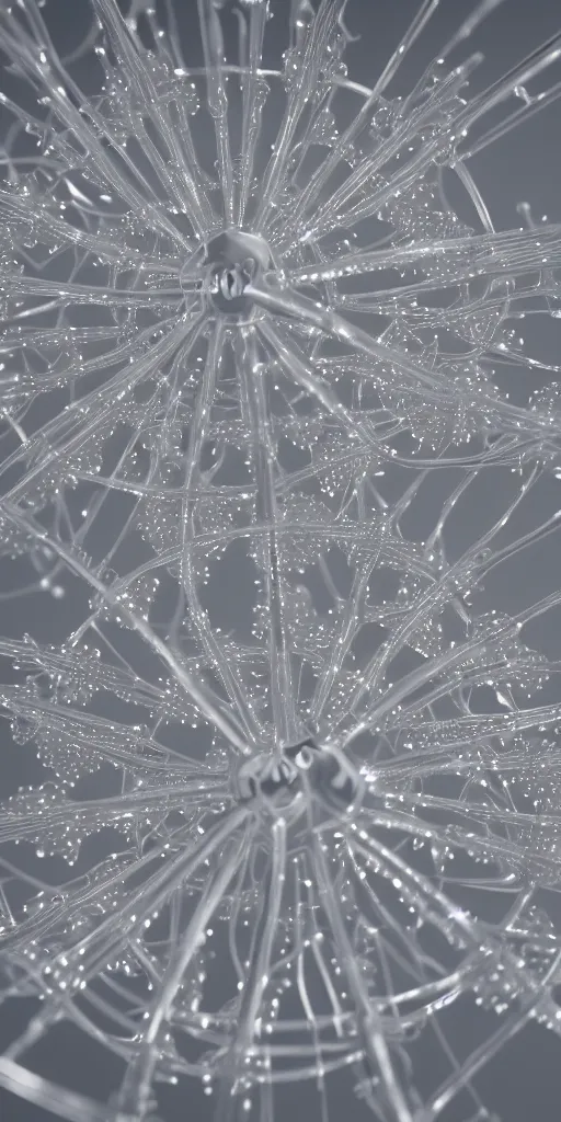 Image similar to a photorealistic render of one single radiolaria sculpture, made of liquid metal, c 4 d, by ernst haeckel, hyper realistic, plain background, 8 k, volumetric lightning, chrometype, octane render