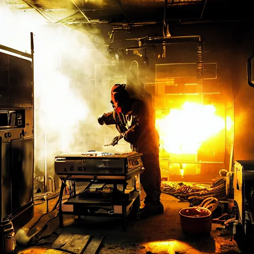 Image similar to cyborg toaster oven repairman, dark messy smoke - filled cluttered workshop, dark, dramatic lighting, orange tint, sparks, plasma rays, cinematic, highly detailed, sci - fi, futuristic, movie still, rule of thirds composition