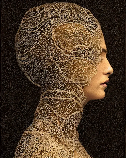 Image similar to a woman's face in profile, made of intricate lace leaves, in the style of the dutch masters and gregory crewdson, dark and moody