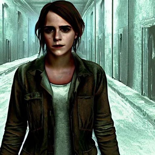 Prompt: Screenshot of Emma Watson as a character in Outlast video game