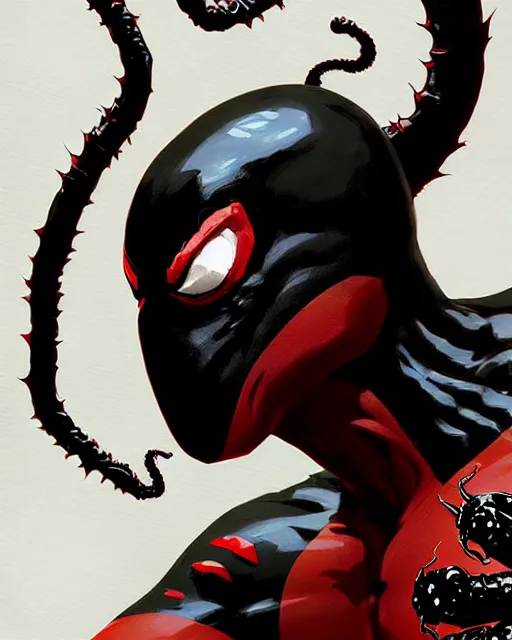 Image similar to highly detailed closeup portrait of a mutated venom symbiote in deadpool suit with a fierce expression, wearing his katana, by atey ghailan, by greg rutkowski, by greg tocchini, by james gilleard, by joe fenton, by kaethe butcher, red, black, crimson and grey color scheme